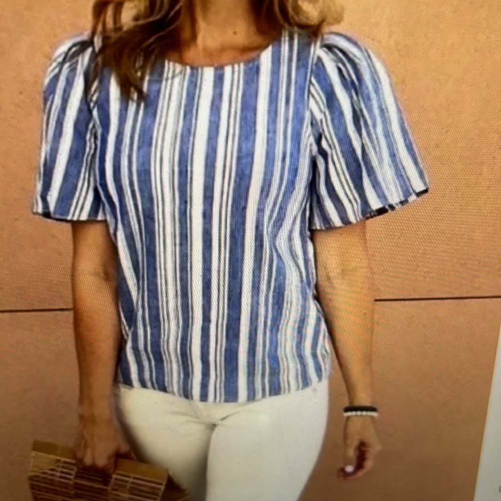 CAbi 5343 Wing Blue and White Striped Linen Blend Top Size XS